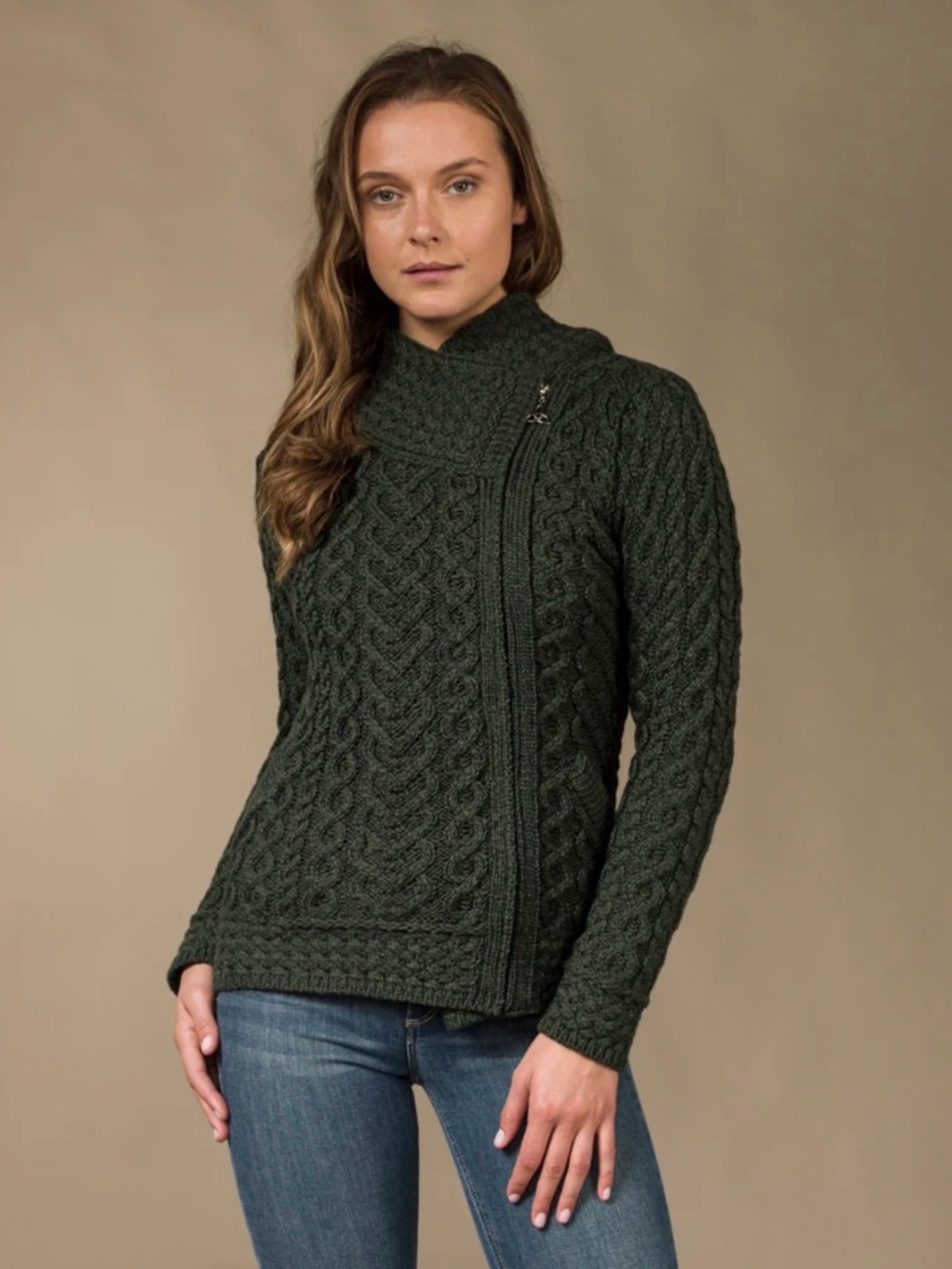 Aran Crafts Wool green Cable Knit Side Zip sweater Sz M NWT